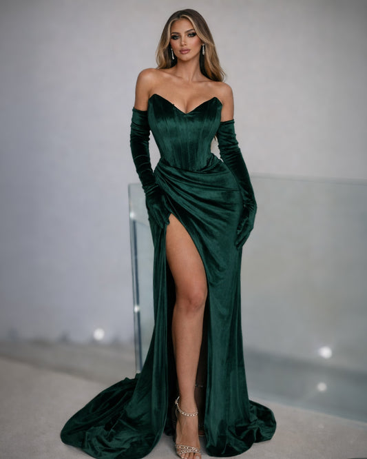 Emerald Green Velvet Corset Gown with Off-Shoulder Sleeves and High Slit