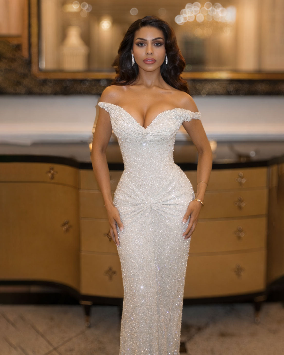 White Crystal Off Shoulder Evening Gown