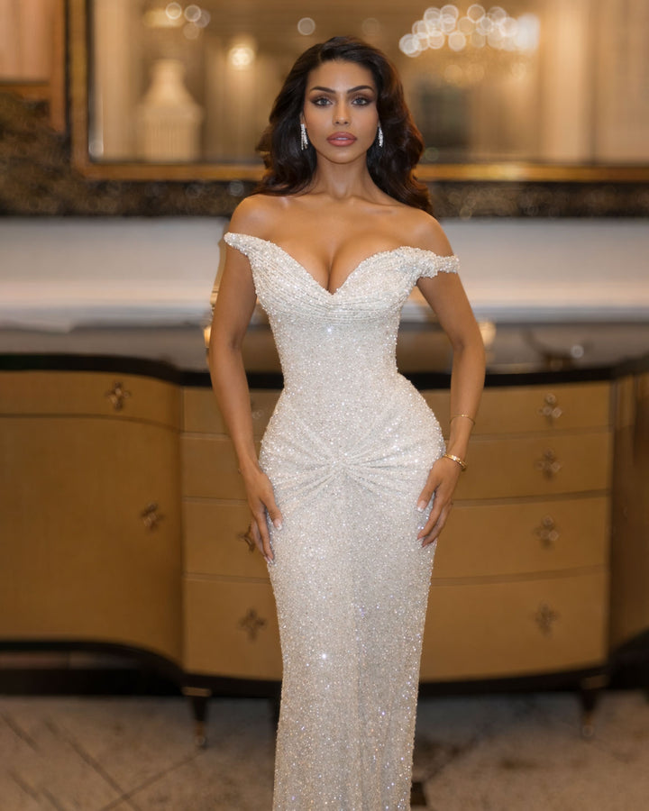 Luxury white crystal evening gown with off-shoulder neckline