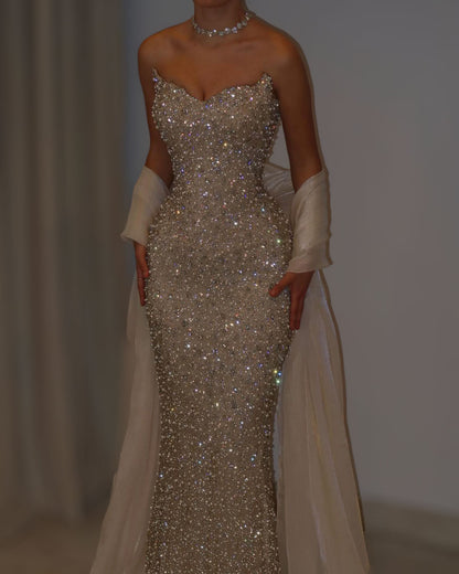 Champagne Crystal Strapless Couture Gown