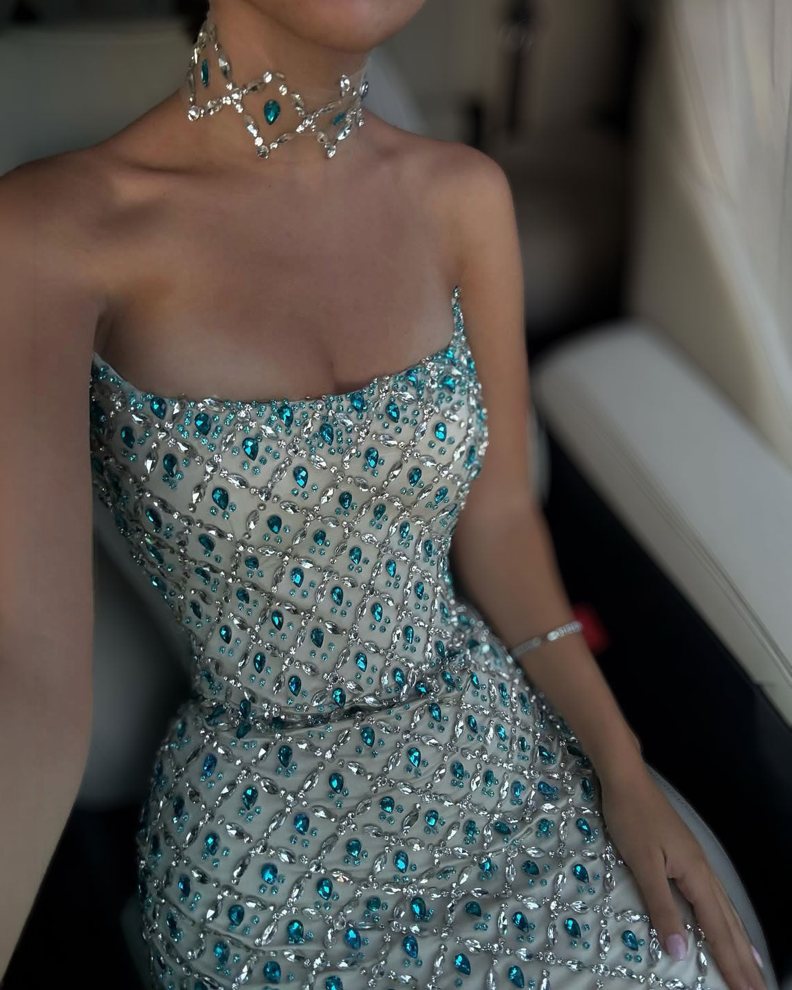 Ivory & Sapphire Crystal Couture Gown