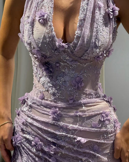 Lilac 3D Floral Draped Halter Gown With High Slit
