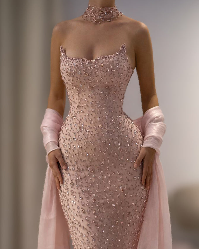 Blush Beaded Corset Column Gown