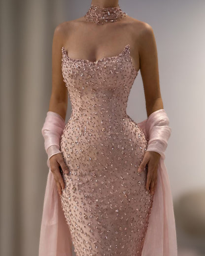 Blush Beaded Corset Column Gown