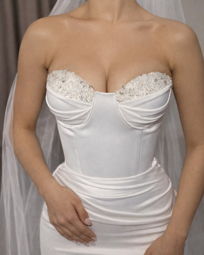 Ivory Strapless Corset Bridal Gown with Crystal Bust and Column Skirt