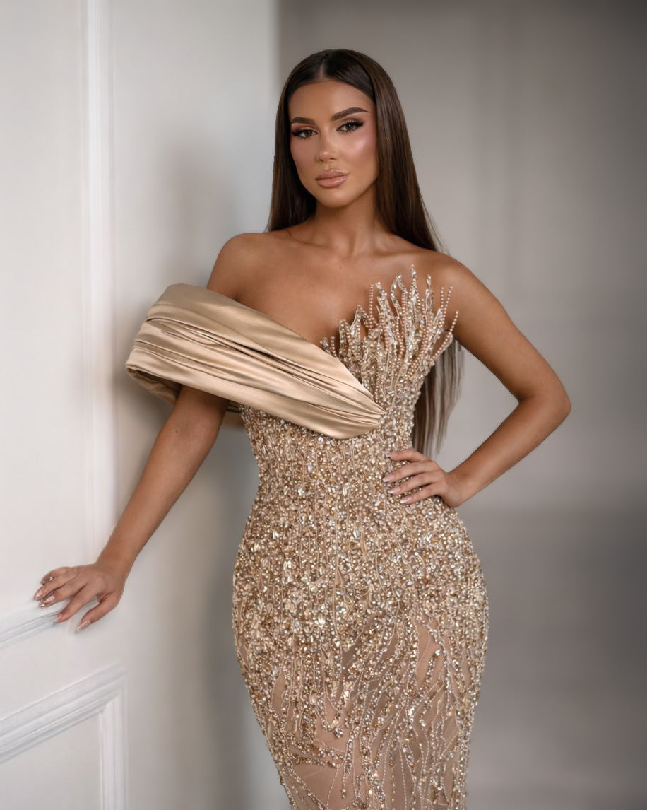 Champagne Crystal Off-Shoulder Column Dress
