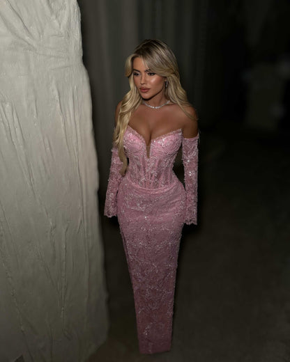 Blush Pink Off-Shoulder Lace Corset Evening Gown with Beaded Embellishment