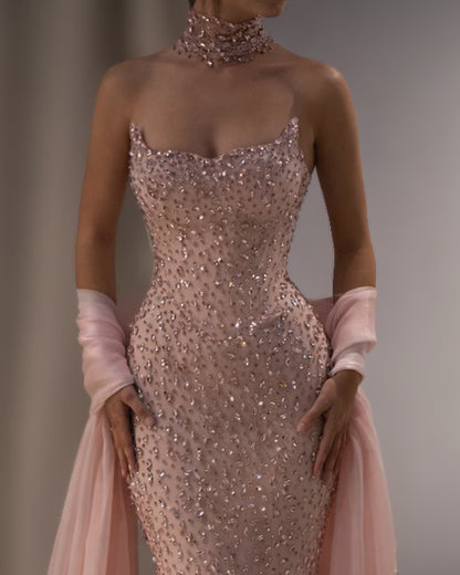 Blush Beaded Corset Column Gown