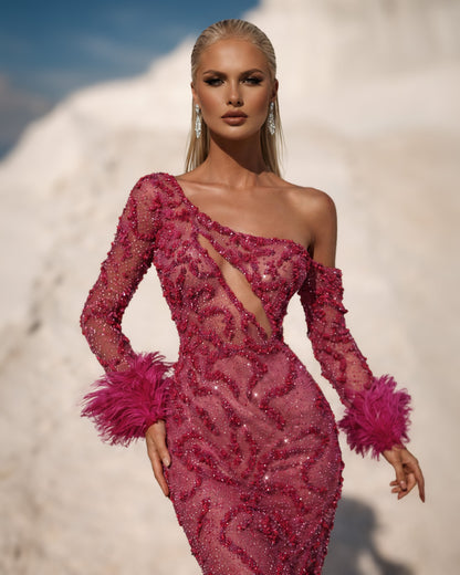Fuchsia Crystal One-Shoulder Gown with Feather Cuffs