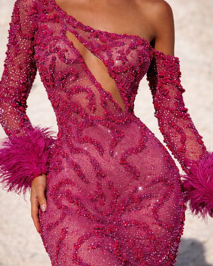 Fuchsia Crystal One-Shoulder Gown with Feather Cuffs