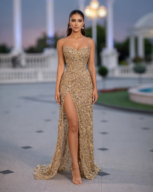 Gold Crystal Corset Gown with High Slit