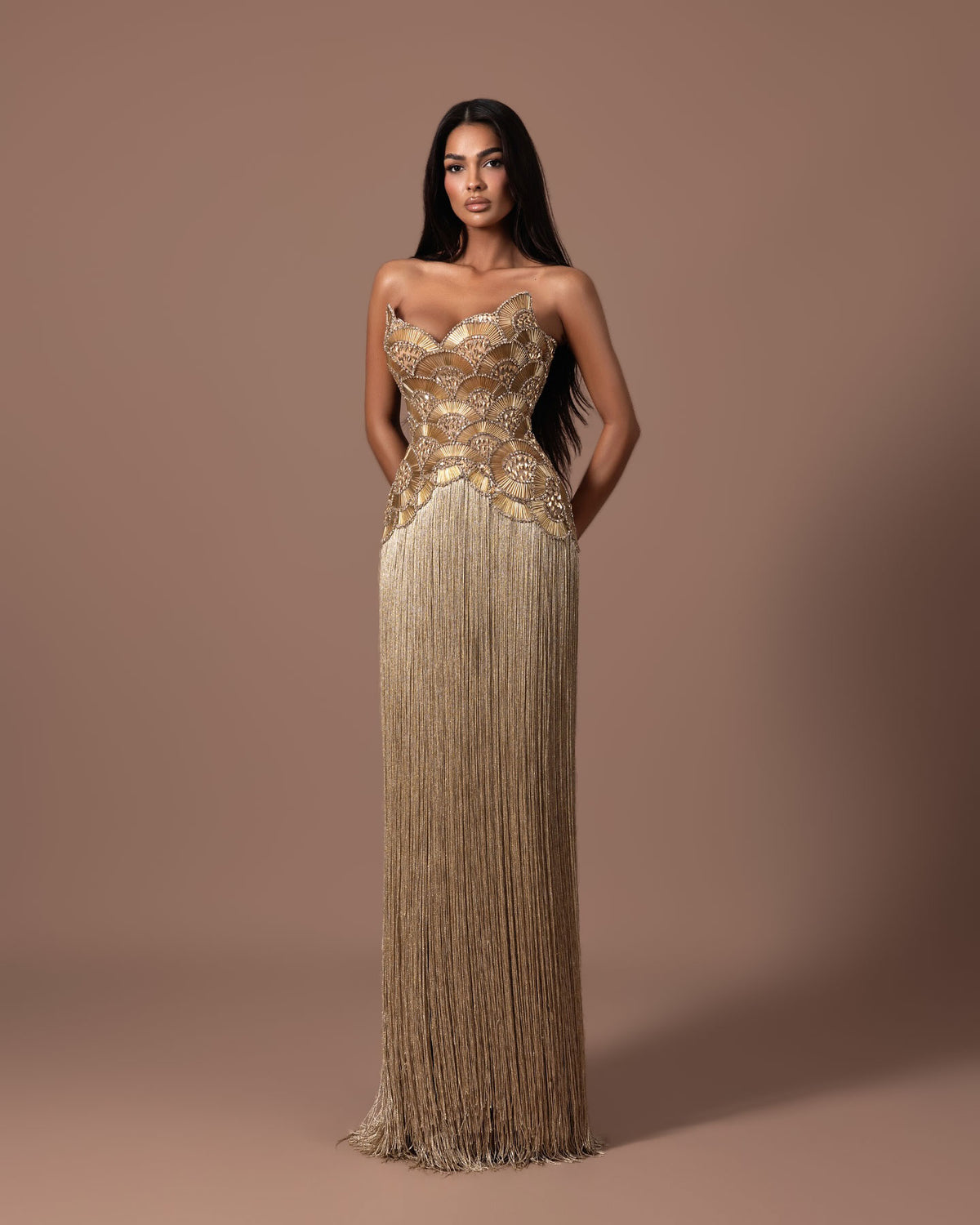 Gold beaded strapless corset fringe evening gown full length