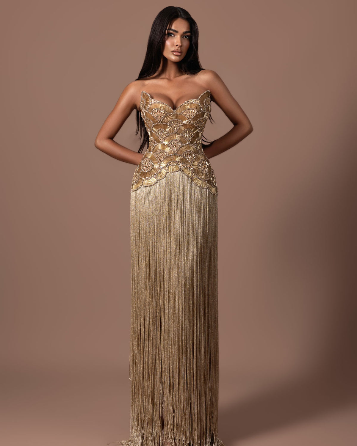 Gold crystal corset fringe column gown front view