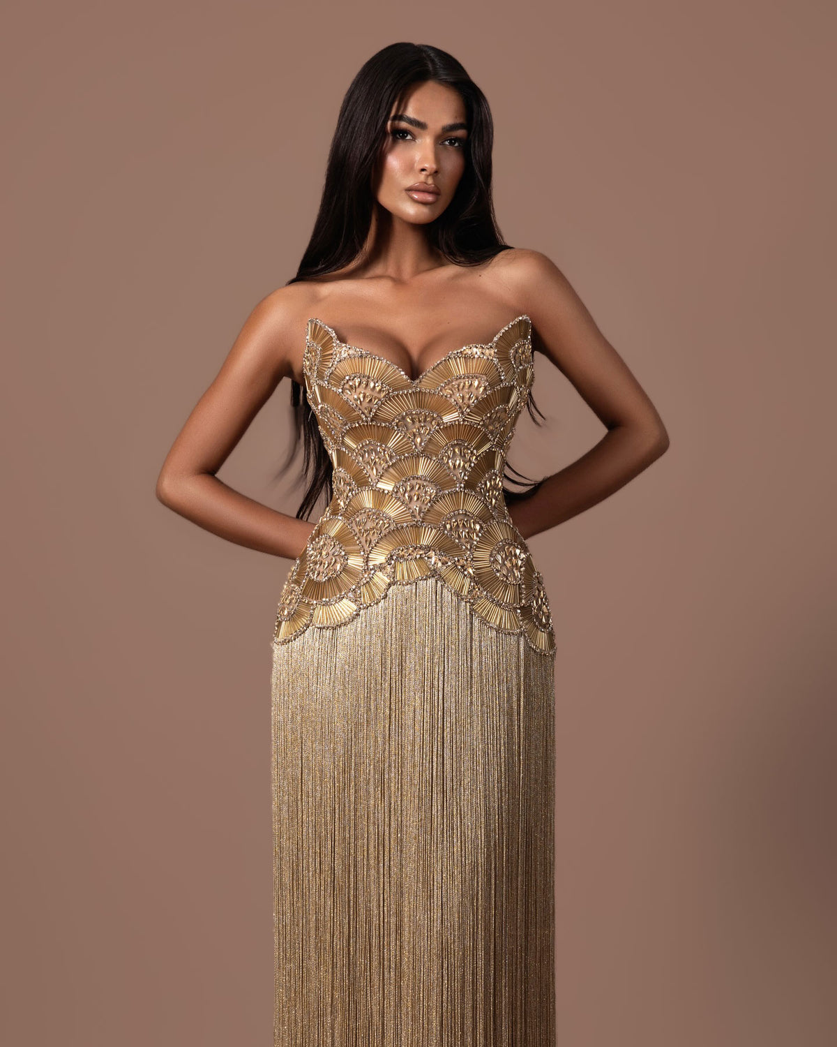 Gold fringe evening dress with embellished corset bodice