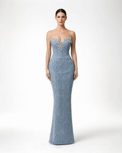 Ice Blue Strapless Embellished Evening Gown