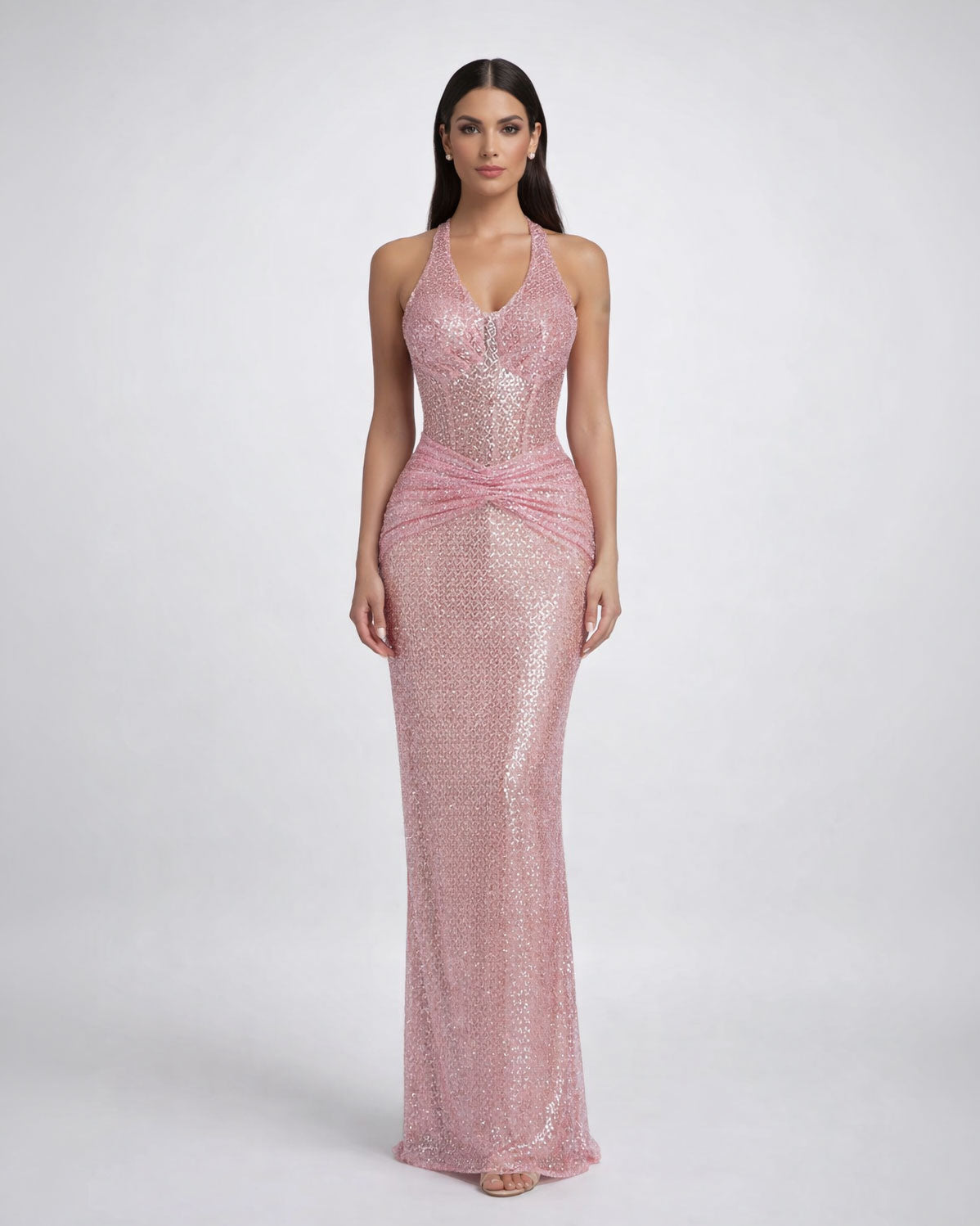Blush Pink Shimmer Halter Evening Gown