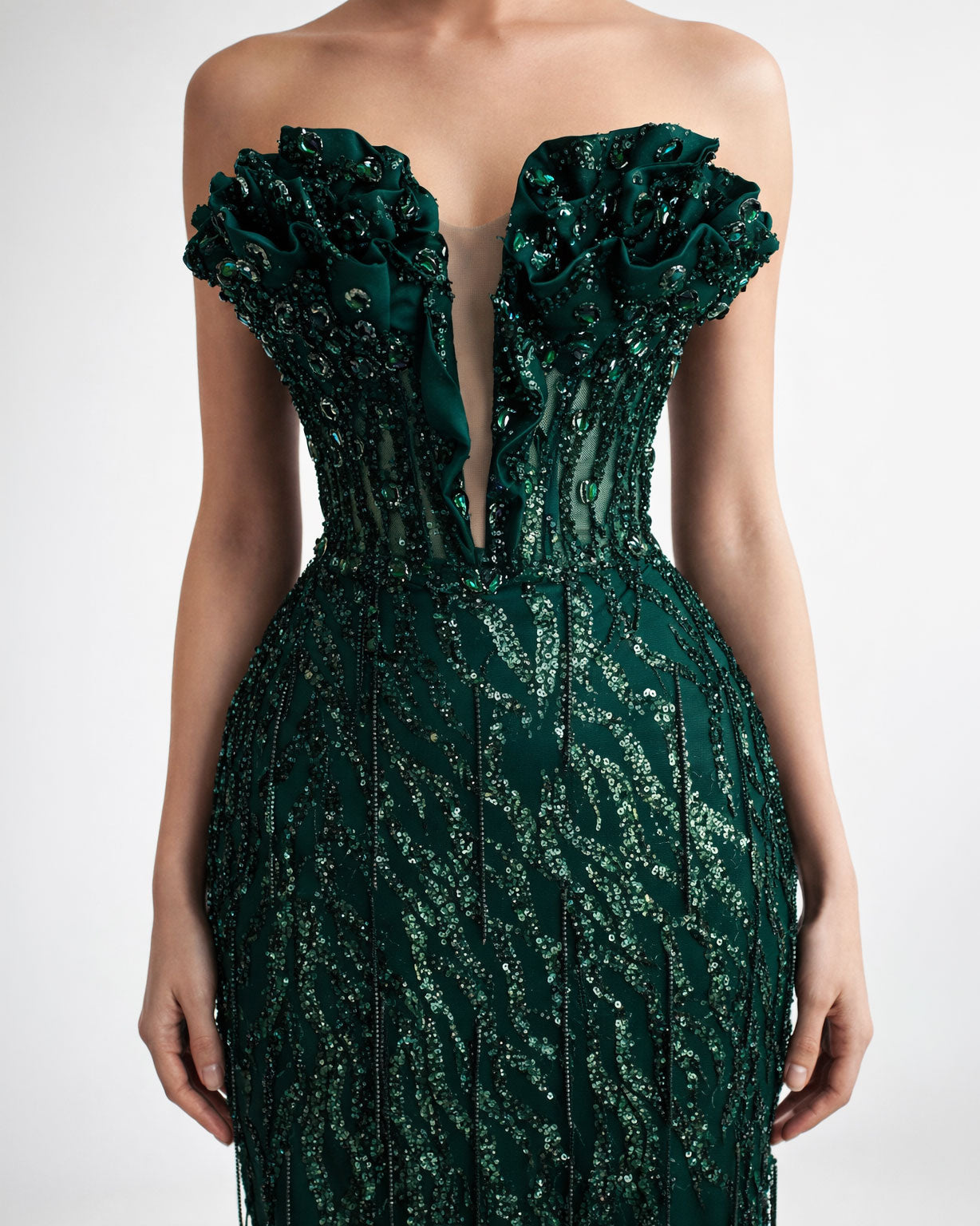 Emerald Embellished Off-Shoulder Evening Gown