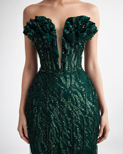Emerald Embellished Off-Shoulder Evening Gown