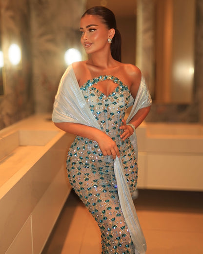 Ice blue crystal corset column gown styled with draped shawl
