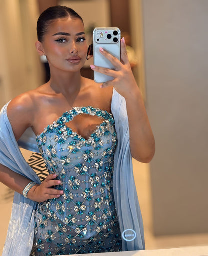 Ice blue crystal evening gown with structured corset bodice