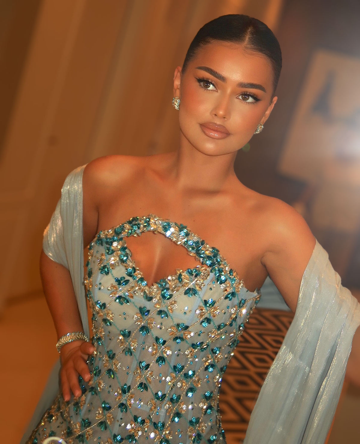 Ice blue floral crystal evening dress styled with matching shawl
