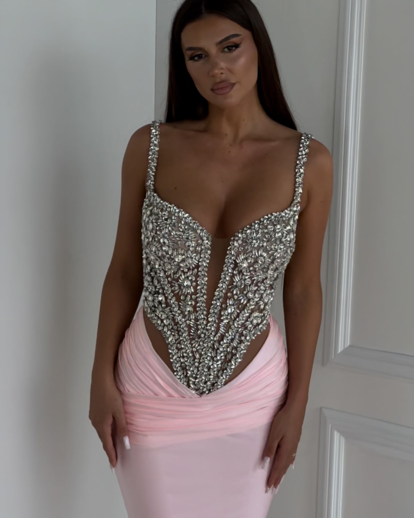 White Crystal Corset Column Gown – 2-Piece Couture Set