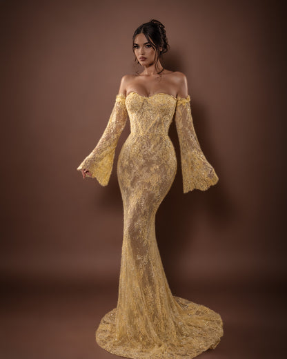 Butter Yellow Off-Shoulder Lace Mermaid Gown