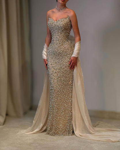 Champagne Crystal Strapless Couture Gown