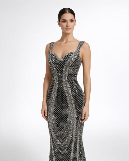 Black Silver Embellished Evening Gown