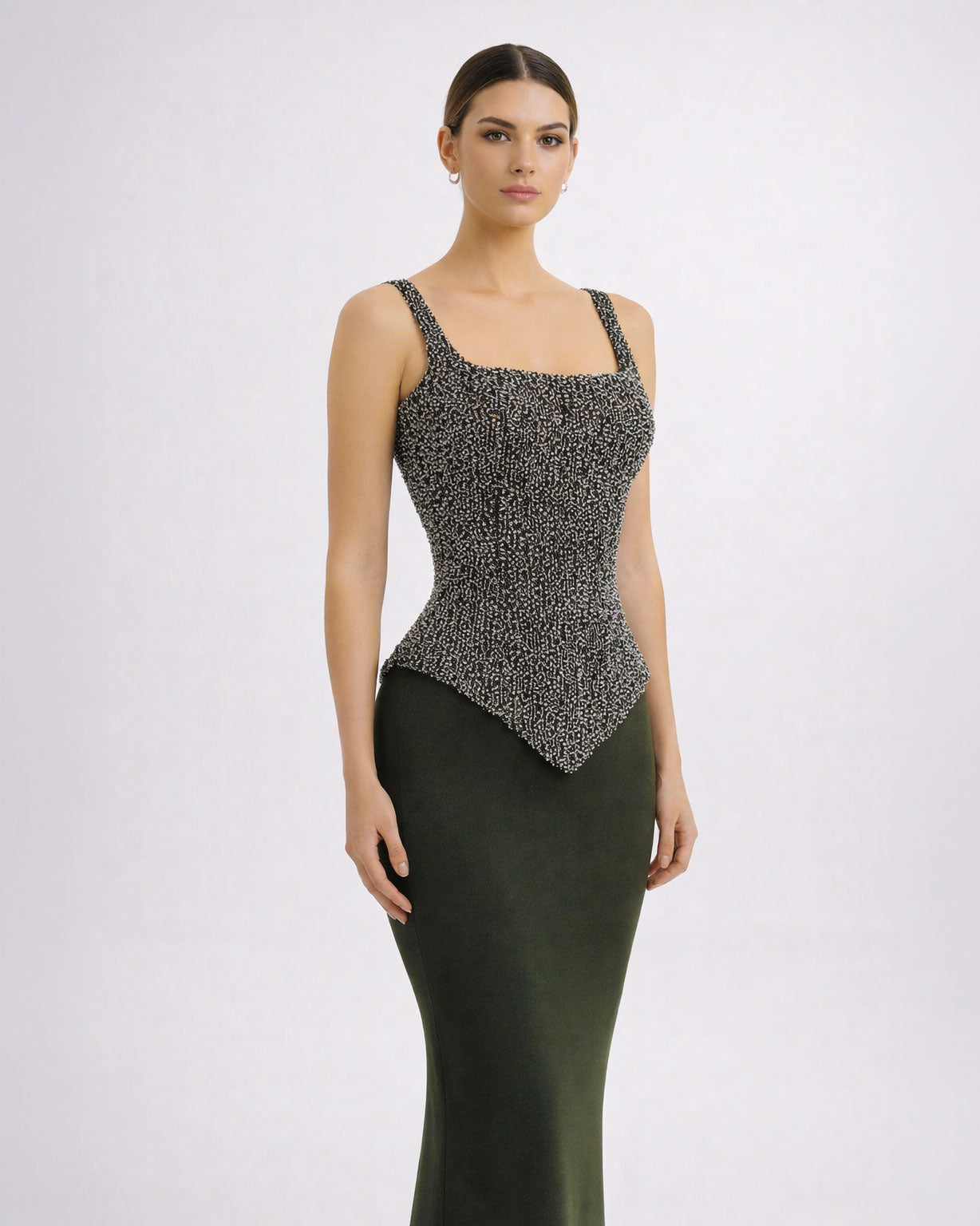 Black Beaded Corset Column Gown