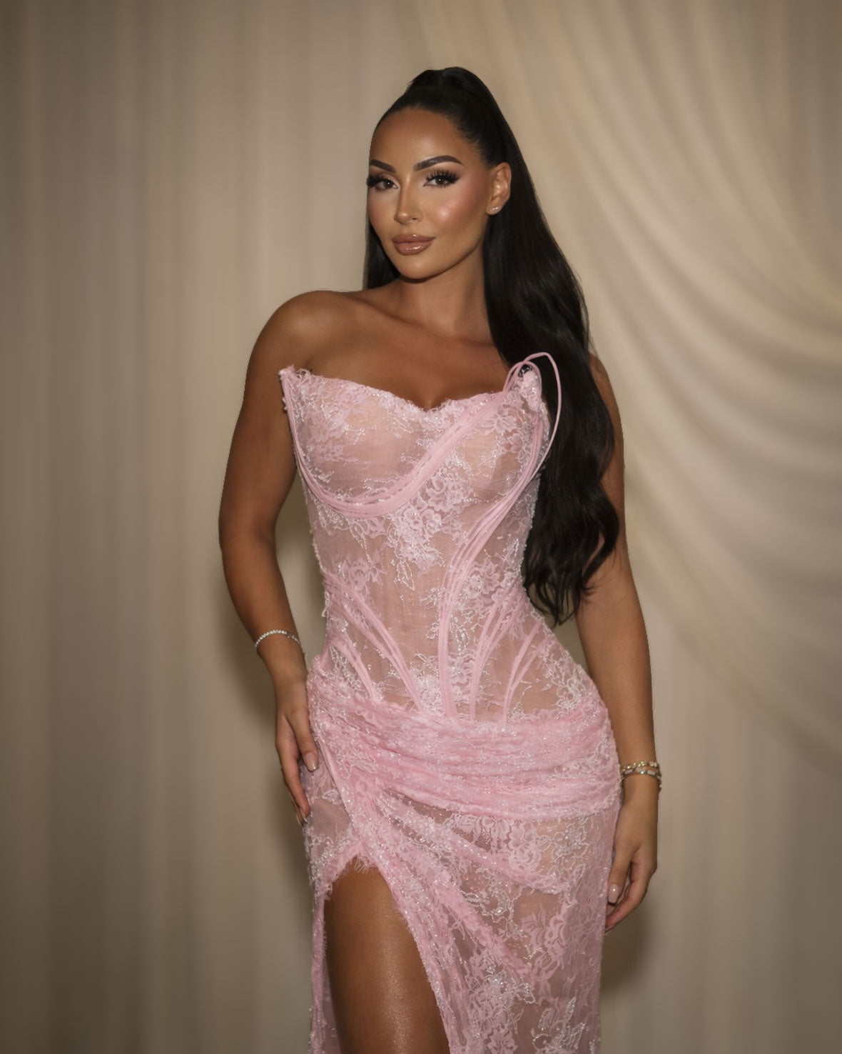Blush Pink Lace Corset Gown with Draped Skirt and High Slit