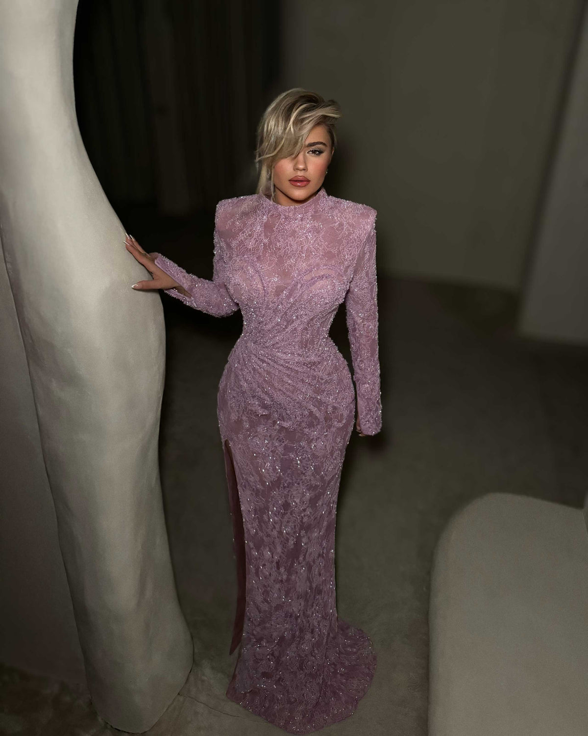 Dusty Rose Long Sleeve Lace Corset Evening Gown with Sequins