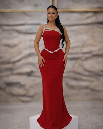 Red One-Shoulder Crystal Trim Column Gown