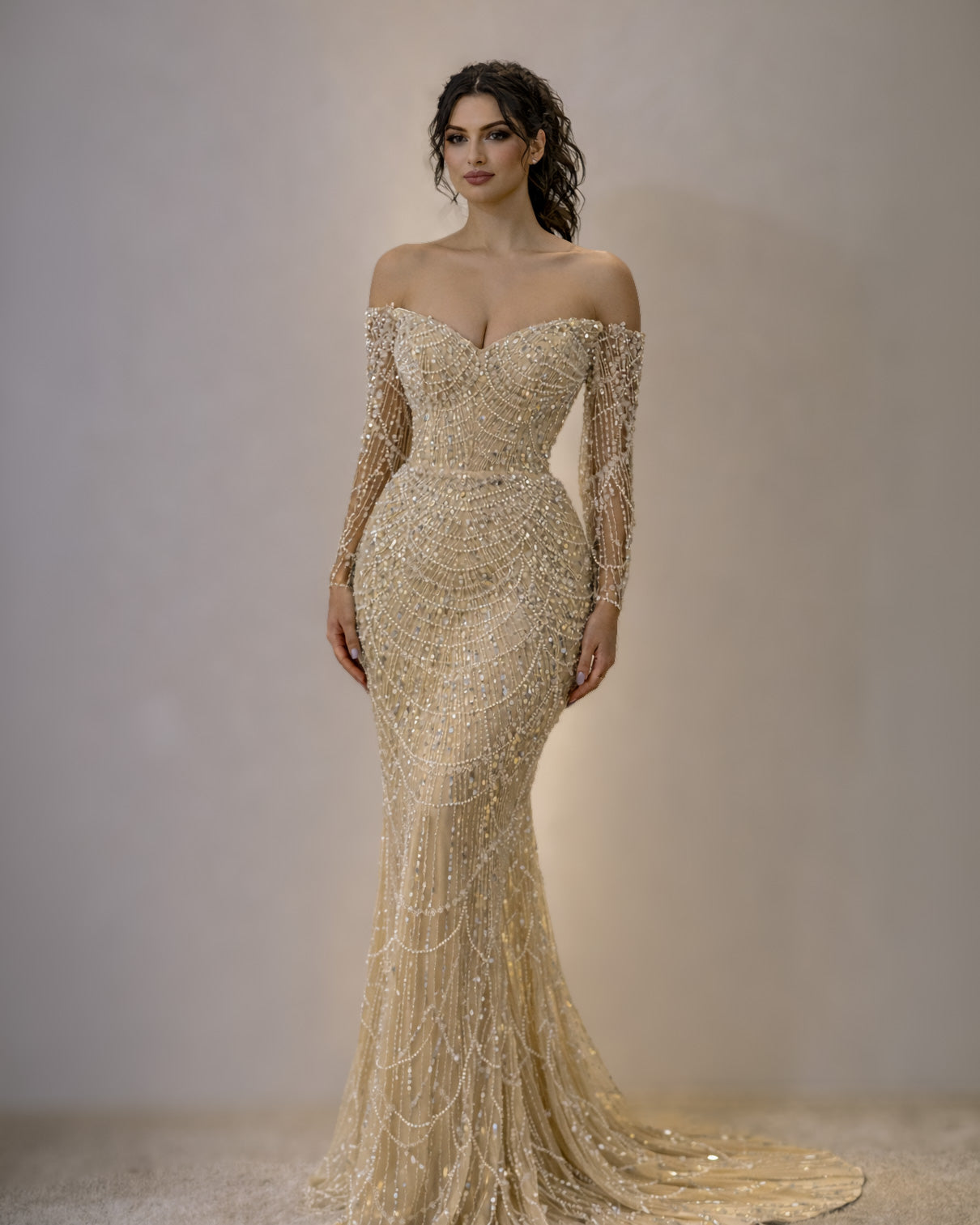Gold Off-Shoulder Crystal Beaded Corset Gown with Long Sleeves