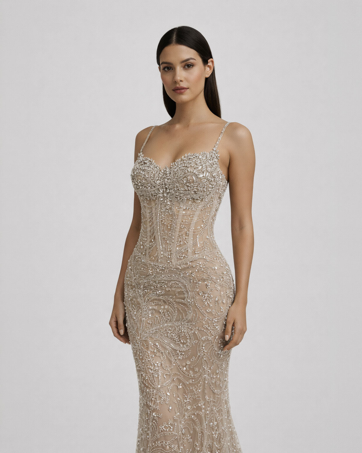 Nude Silver Embellished Illusion Corset Gown