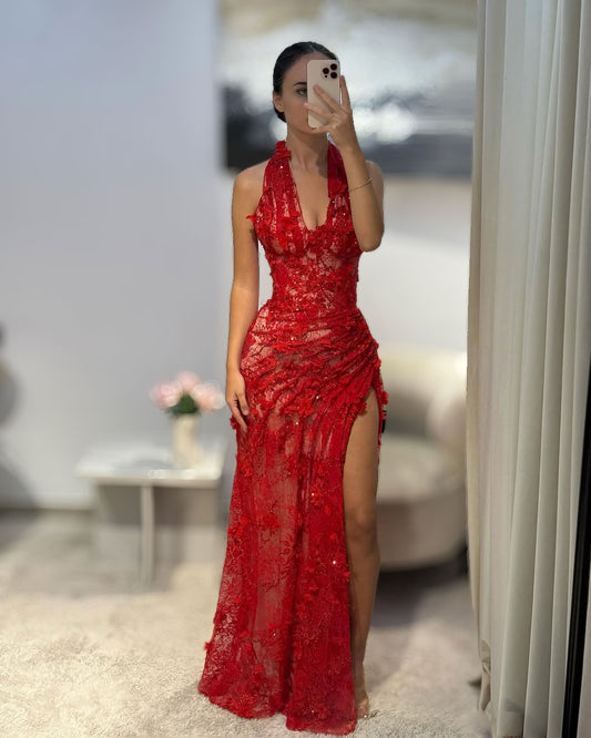 Red Floral Halter Couture Gown With High Slit