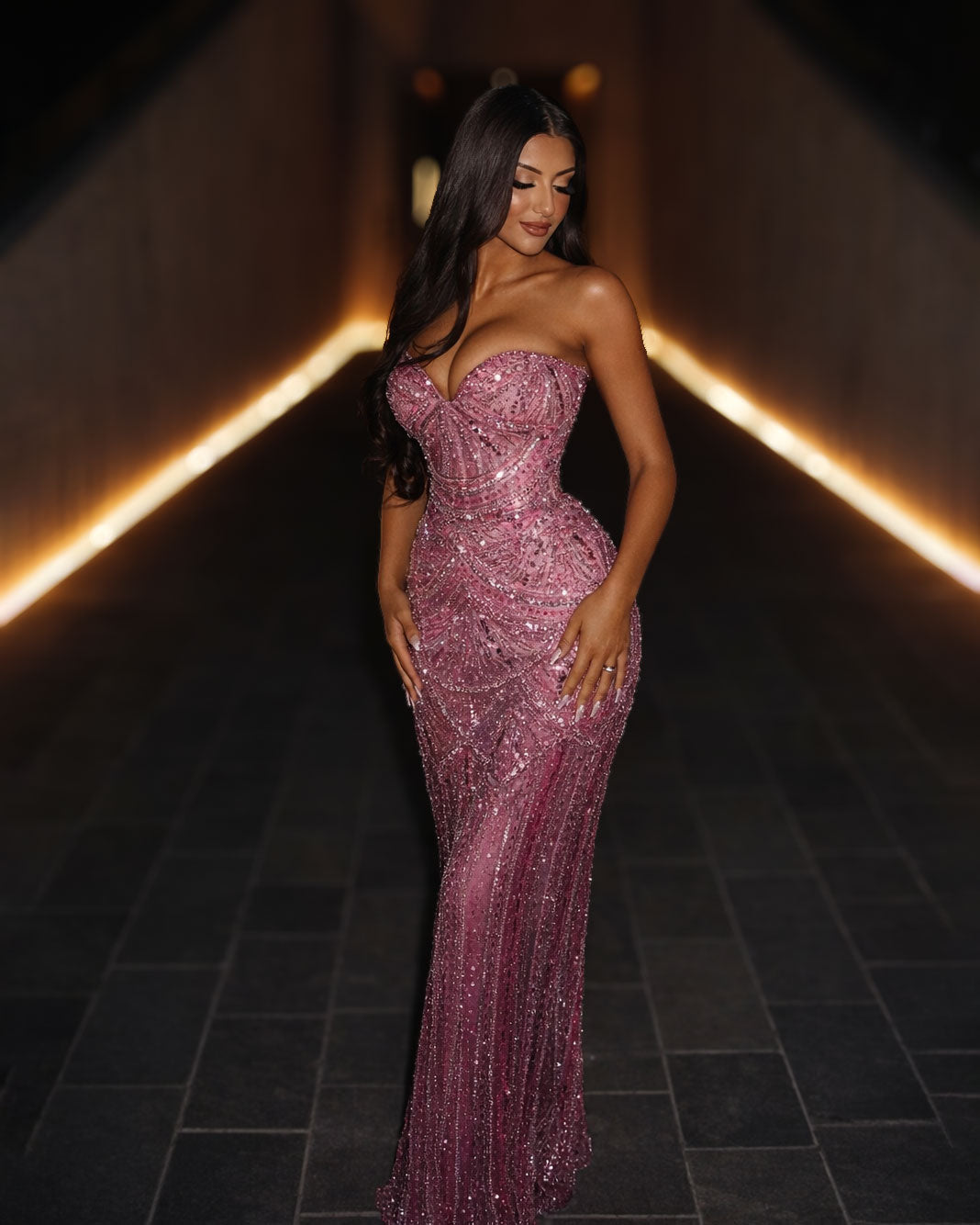 Blush Pink Crystal Mermaid Evening Gown
