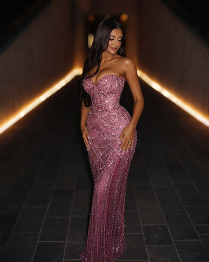 Blush Pink Crystal Mermaid Evening Gown