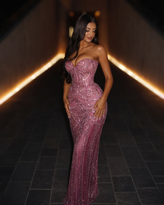 Blush Pink Crystal Mermaid Evening Gown