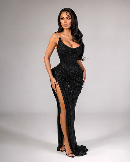 Black Crystal Corset Draped High-Slit Gown