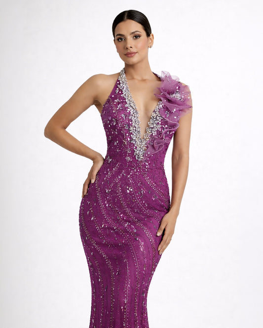 Purple Crystal Halter Mermaid Gown