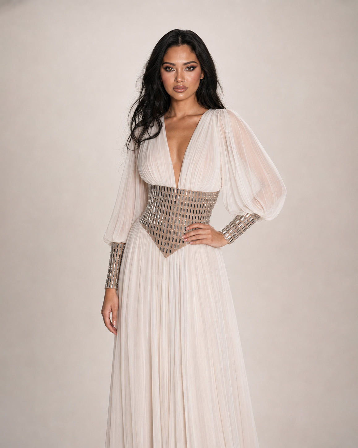 Ivory Chiffon Crystal Corset Long Sleeve Gown