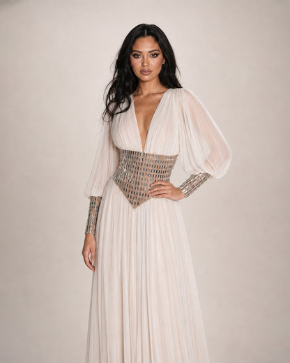 Ivory Chiffon Crystal Corset Long Sleeve Gown