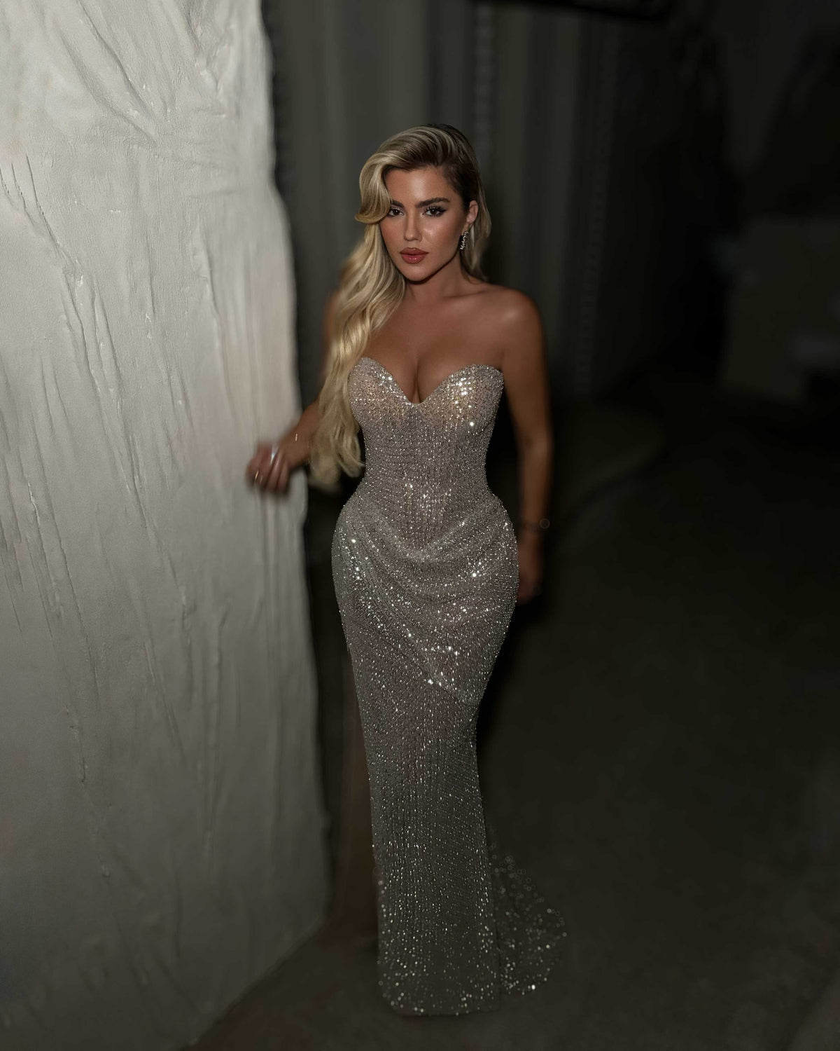 Silver Crystal Strapless Corset Evening Gown with Draped Slit