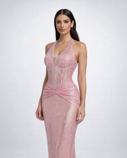 Blush Pink Shimmer Halter Evening Gown
