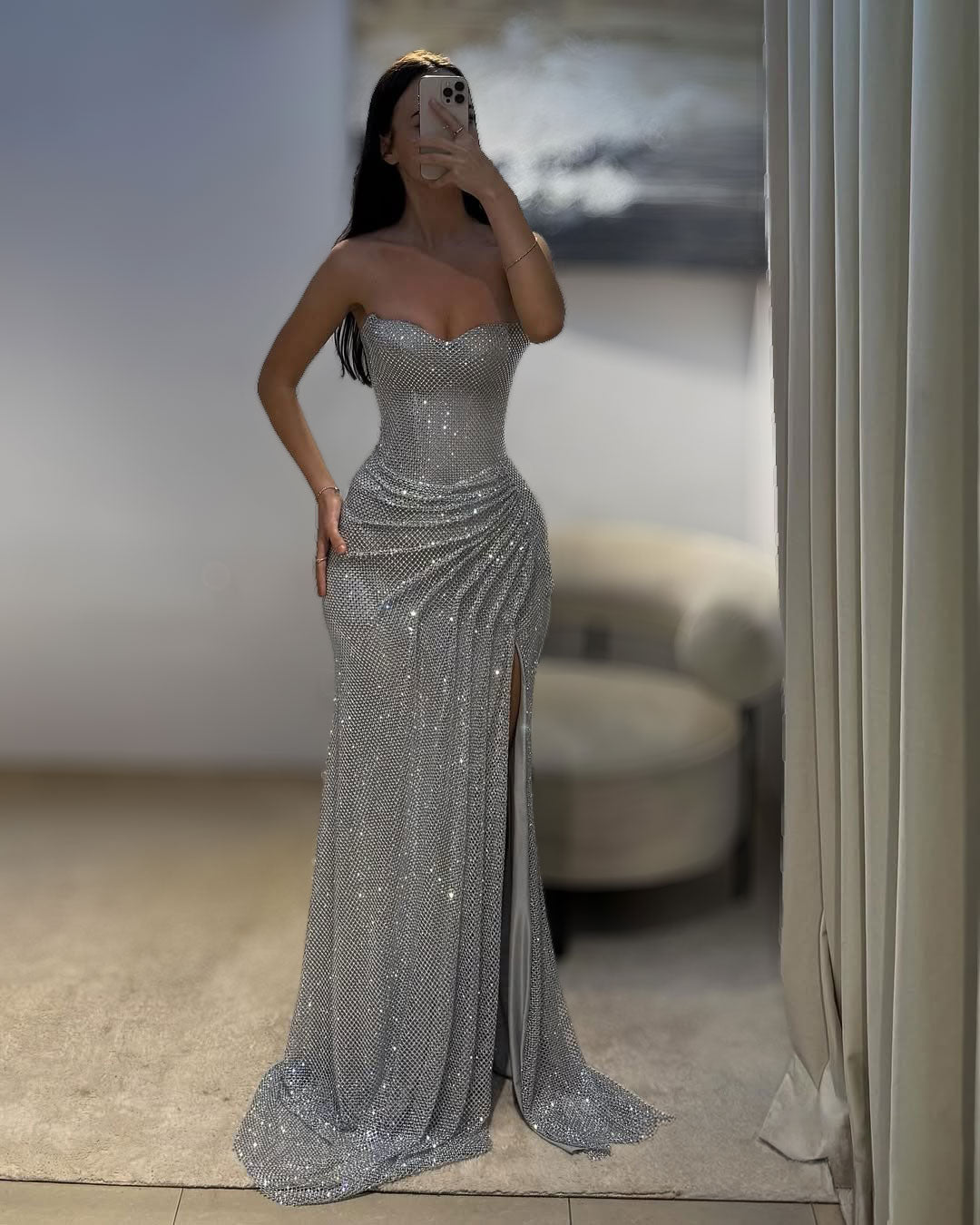 Silver Crystal Strapless Mermaid Gown