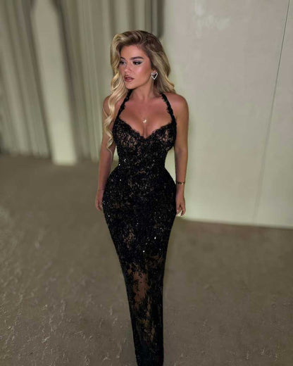 Black Lace Halter Corset Evening Gown