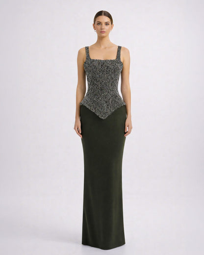 Black Beaded Corset Column Gown