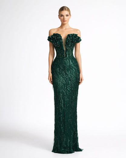 Emerald Embellished Off-Shoulder Evening Gown