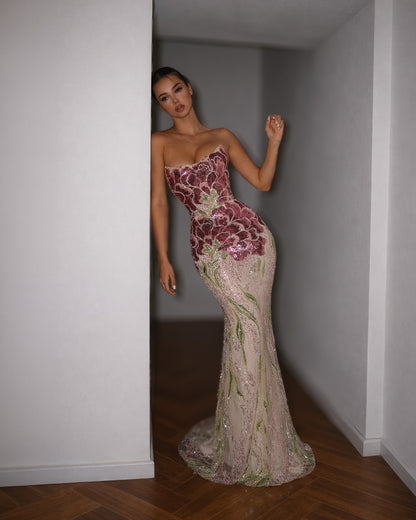 Strapless Floral Sequin Mermaid Evening Gown in Blush and Burgundy